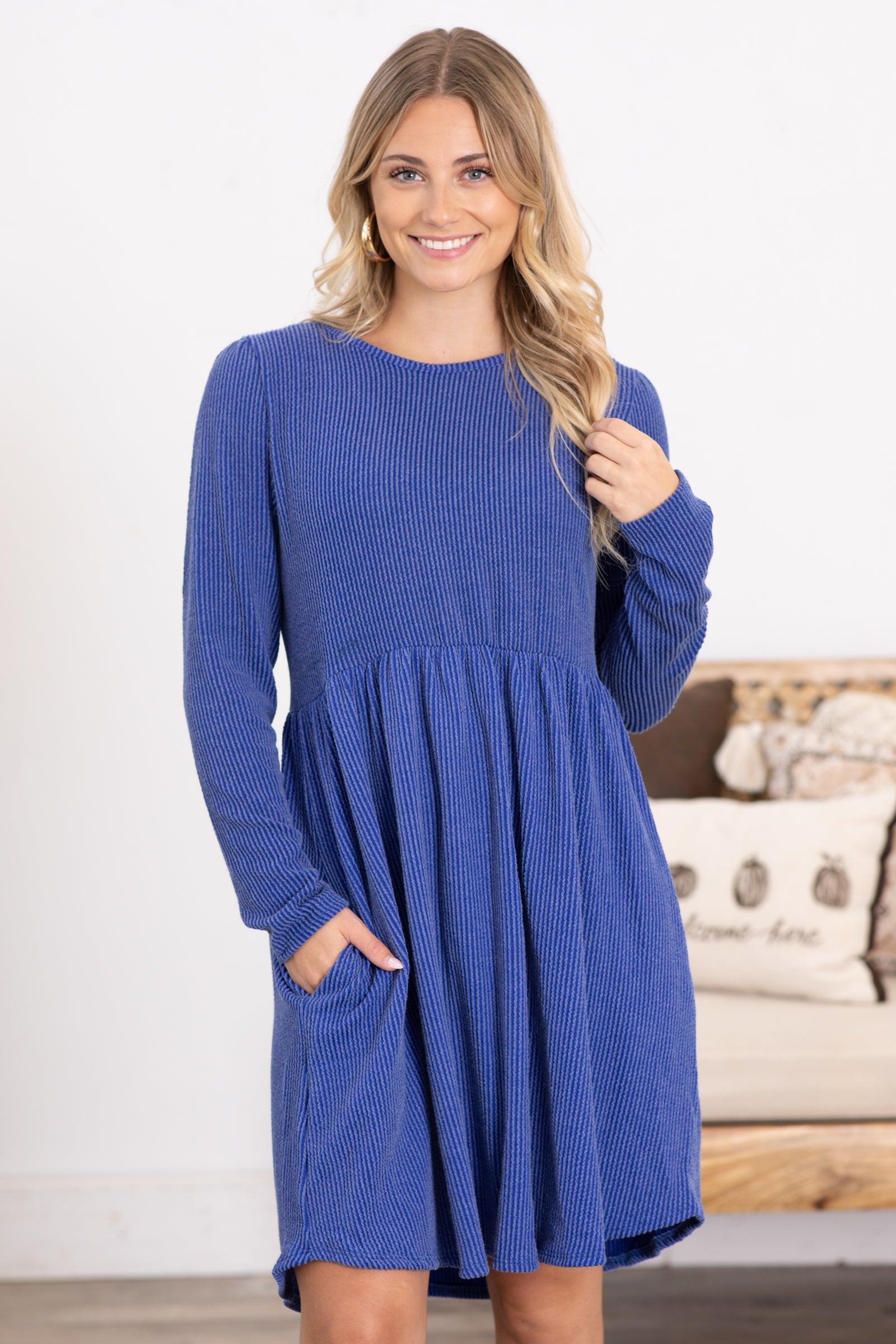 Solid Ribbed Long Sleeve Dress With Pockets Product Image