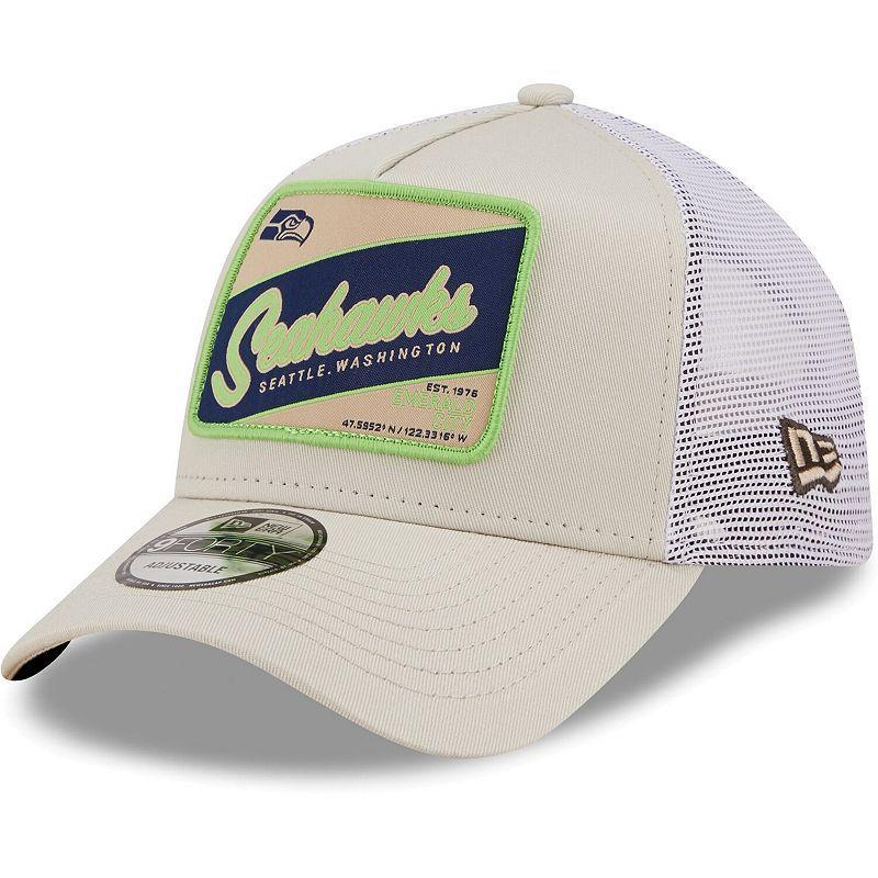 Men's New Era Khaki/White Seattle Seahawks Happy Camper A-Frame Trucker 9FORTY Snapback Hat Product Image