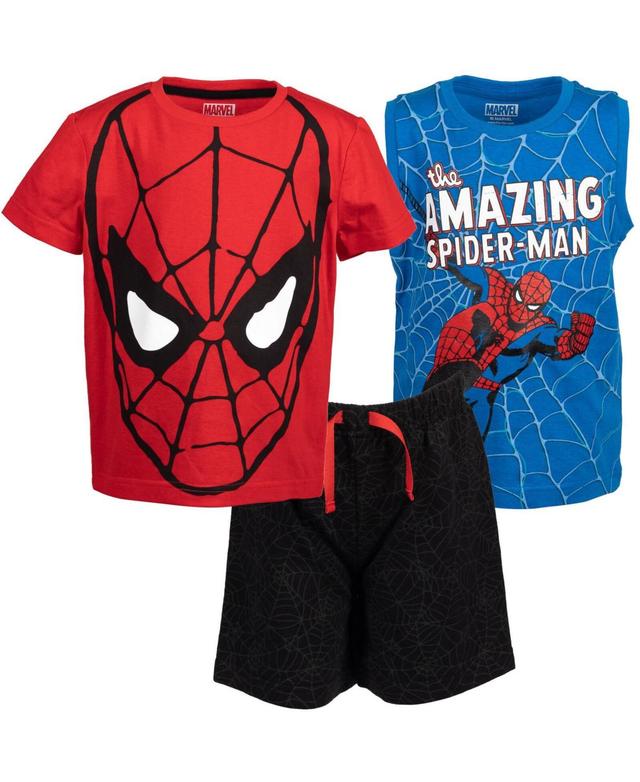 Marvel Toddler Boys Avengers Spider-Man T-Shirt French Terry Tank Top and Shorts 3 Piece Outfit Set Red/Black Red/black/blue Product Image