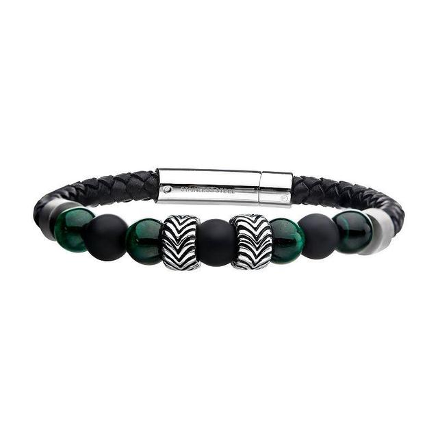 Mens Stainless Steel Blue Malachite & Tigers Eye Beaded Leather Bracelet Green Product Image