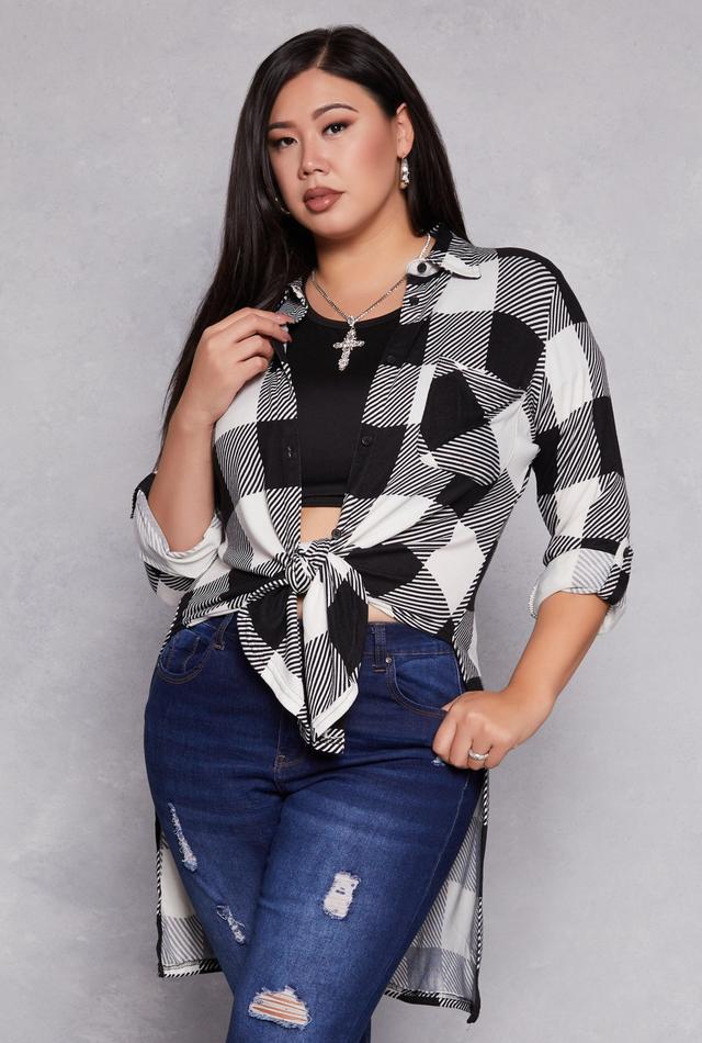 Womens Plus Size Plaid Tie Front High Low Top Product Image