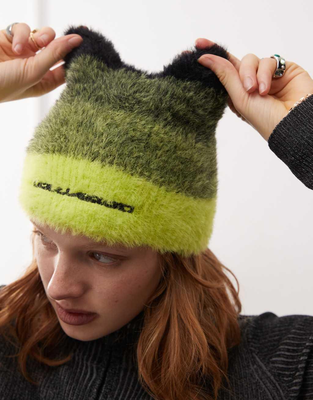 COLLUSION ombre fluffy knit beanie with ears in neon yellow Product Image