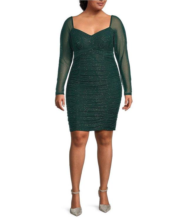 City Vibe Long Sleeve Mesh Peek-A-Boo Ruched Skirt Bodycon Dress Product Image