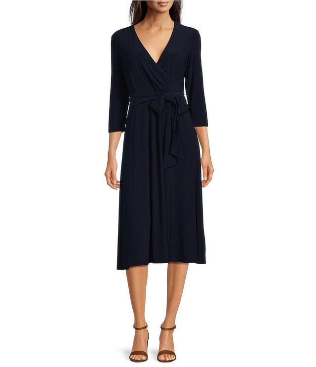 Lauren Ralph Lauren V-Neck 3/4 Sleeve A-Line Midi Dress Product Image