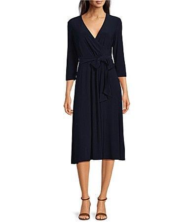 Lauren Ralph Lauren Carlyna Wrap Front V-Neck 34 Sleeve Jersey Machine Washable Midi Dress Product Image