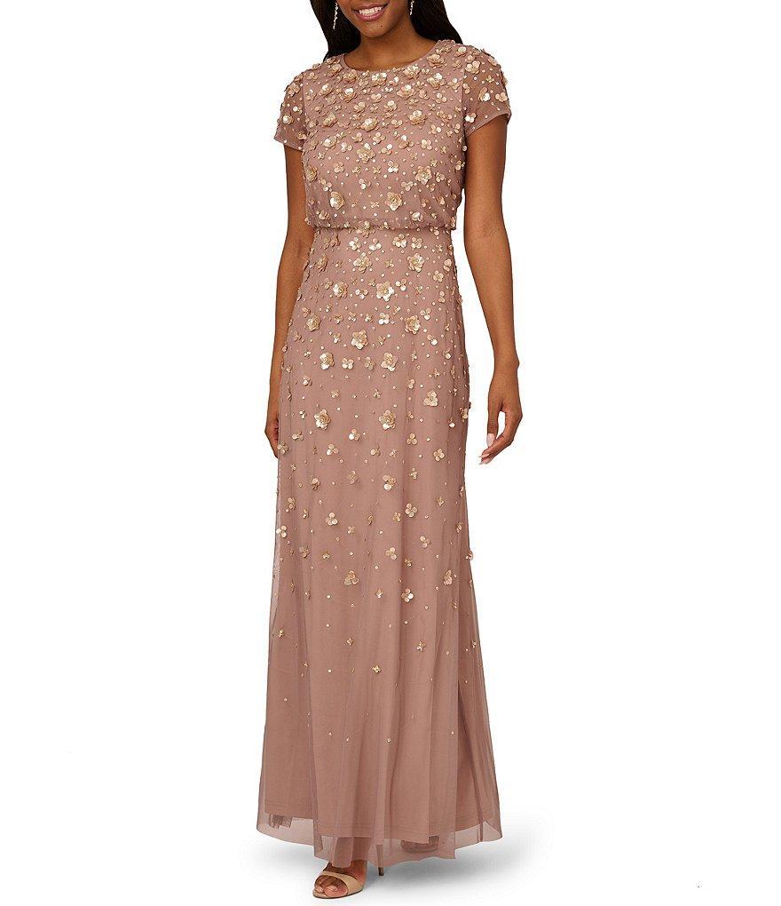 Adrianna Papell Beaded Short Sleeve Round Neck Blouson Gown Product Image