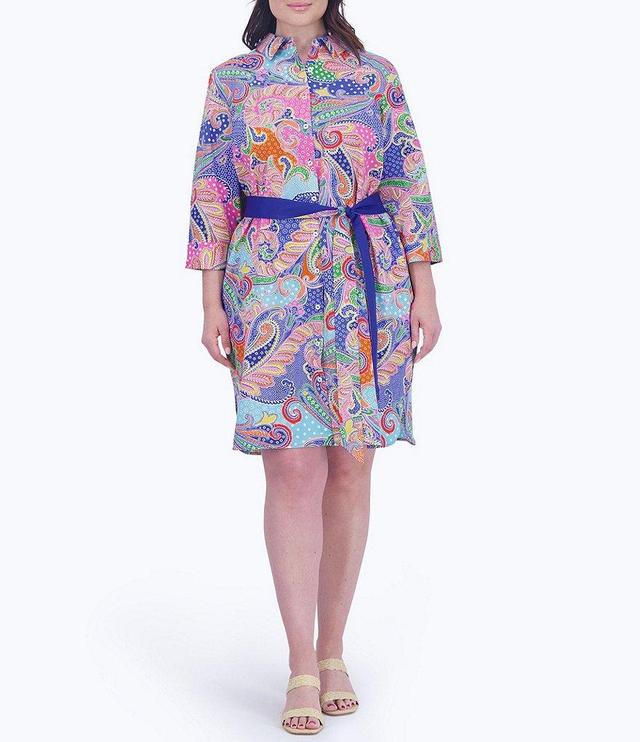 Foxcroft Plus Size Rocca Sateen Multi Paisley Point Collar 3/4 Sleeve Belted Button-Front Shirt Dress Product Image