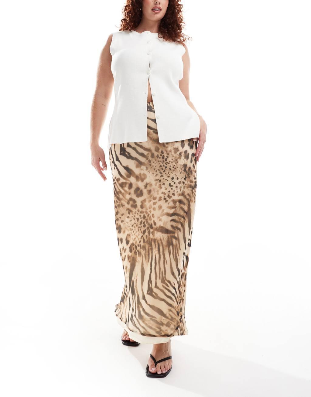 ASOS DESIGN Curve chiffon bias cut maxi skirt in animal print Product Image