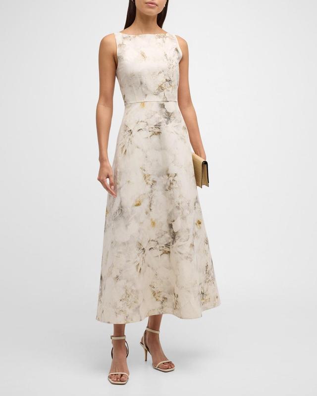 Sleeveless Leaf-Print Silk-Linen Midi Dress Product Image