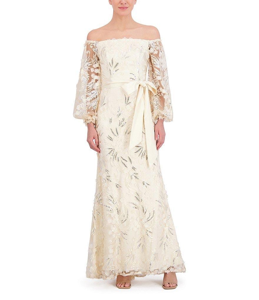 Eliza J 3D Floral Off The Shoulder Long Sleeve Tie Waist Gown Product Image