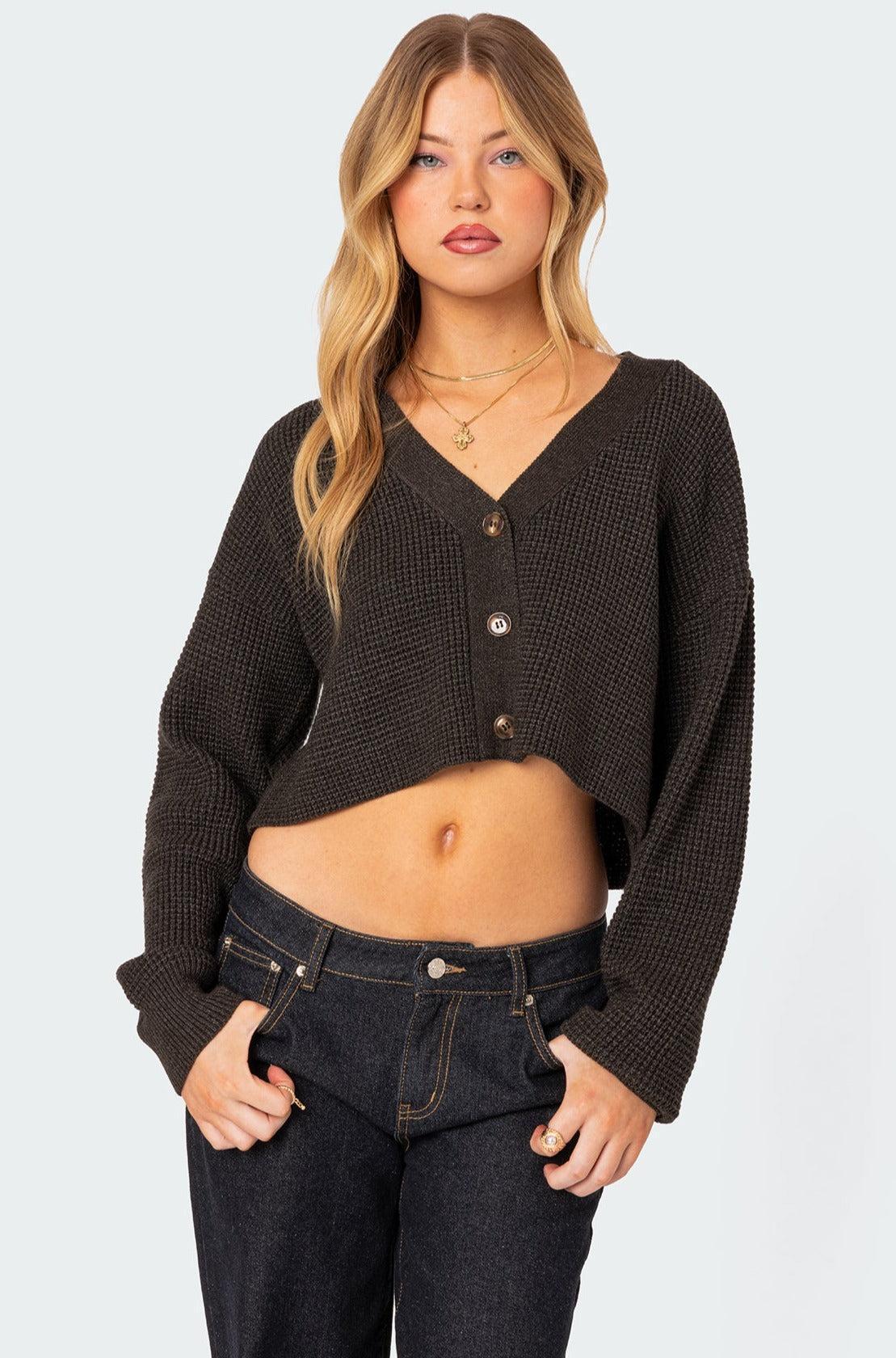 Oversized Waffle Knit Cropped Cardigan Product Image