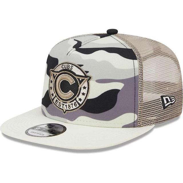 Mens New Era White Chicago Cubs Chrome Camo A-Frame 9FIFTY Trucker Snapback Hat Product Image