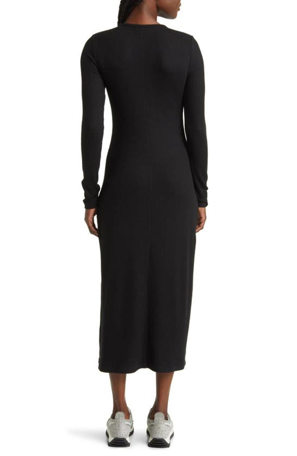 The Knit Rib Long Sleeve Henley Dress In Black Product Image