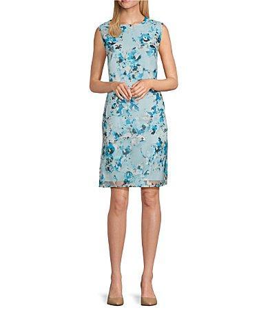 Ming Wang Woven Floral Sheer Crew Neck Sleeveless Sheath Dress Product Image