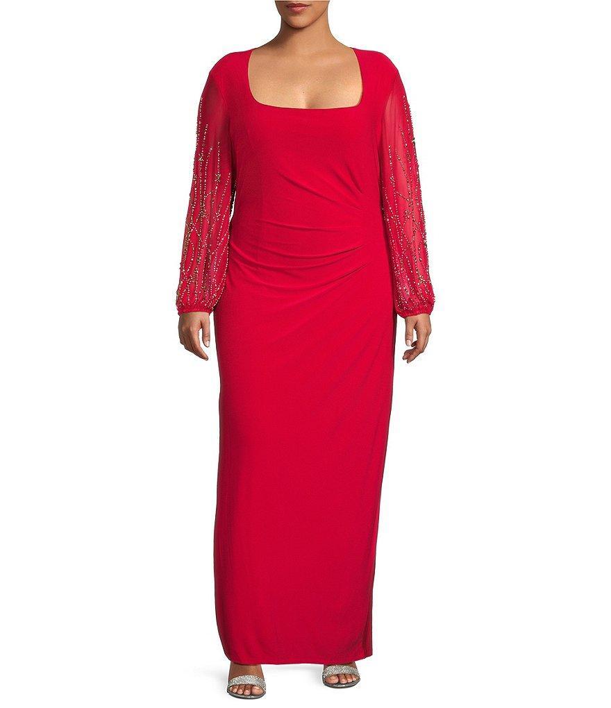 Marina Plus Size Scoop Neck Power Mesh Beaded Sleeve Sheath Dress Product Image