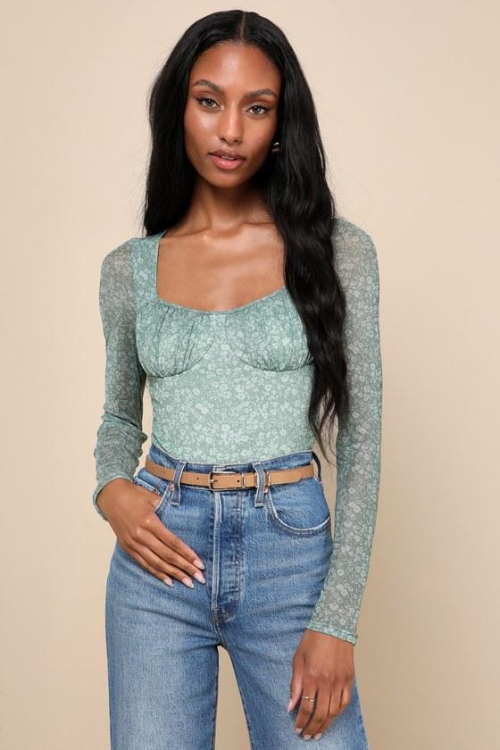 Major Aesthetic Sage Green Floral Mesh Bodysuit Product Image