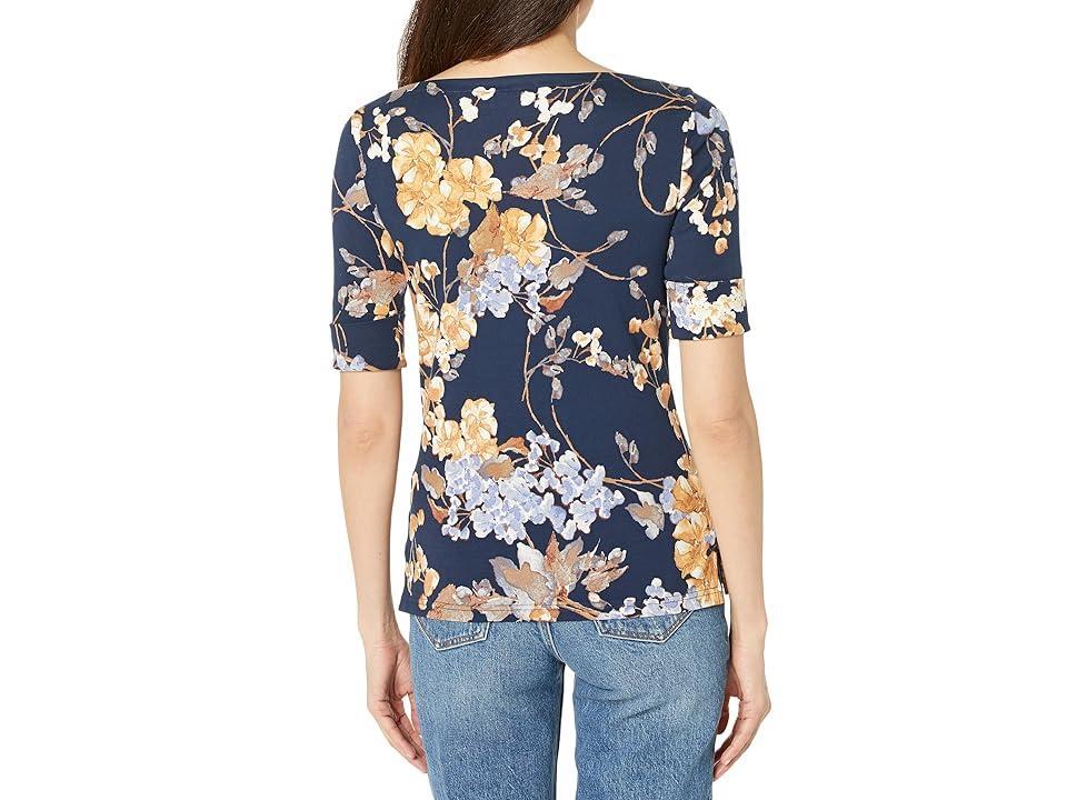 LAUREN Ralph Lauren Floral Stretch Cotton Tee (Navy Multi) Women's Clothing Product Image