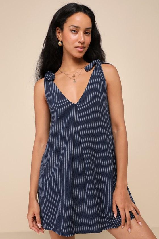 Spanish Summers Navy Striped Linen Tie-Strap Shift Mini Dress Product Image