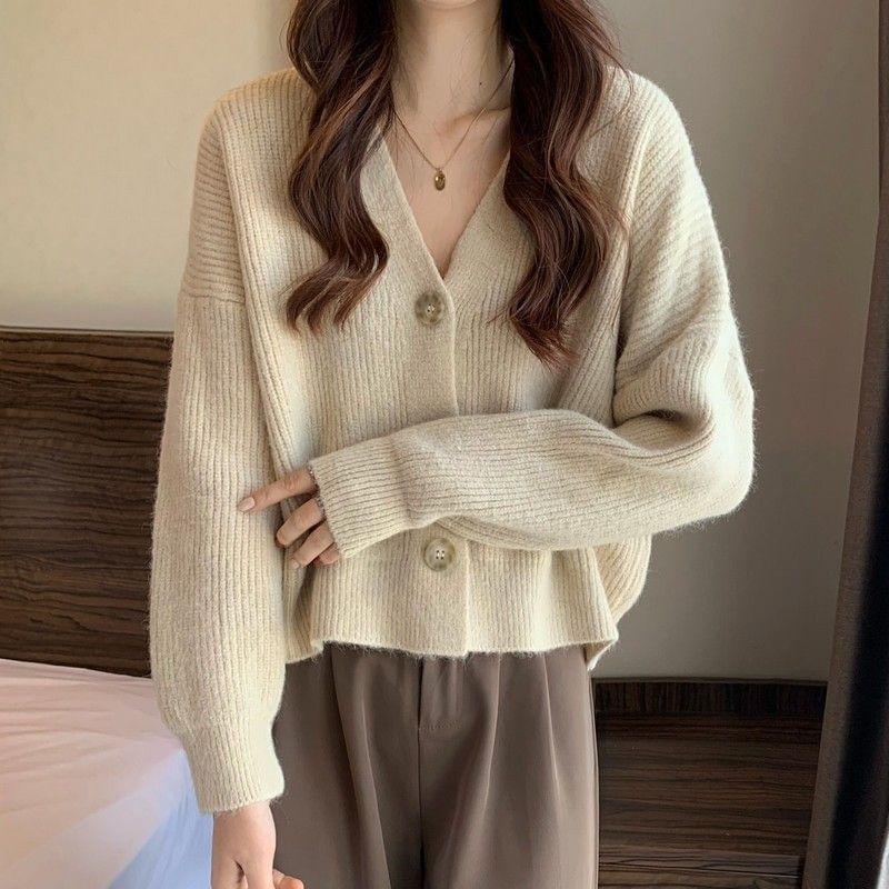 V-Neck Plain Ribbed Cardigan Product Image