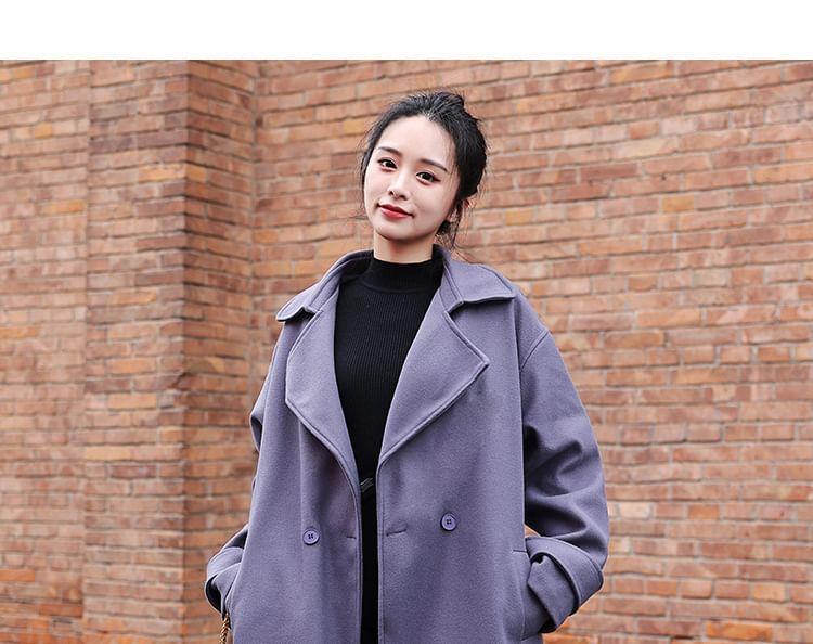 Lapel Collar Plain Double Breasted Long Coat Product Image