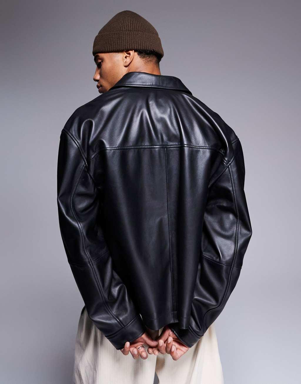 ASOS DESIGN premium real leather oversized harrington jacket in black Product Image