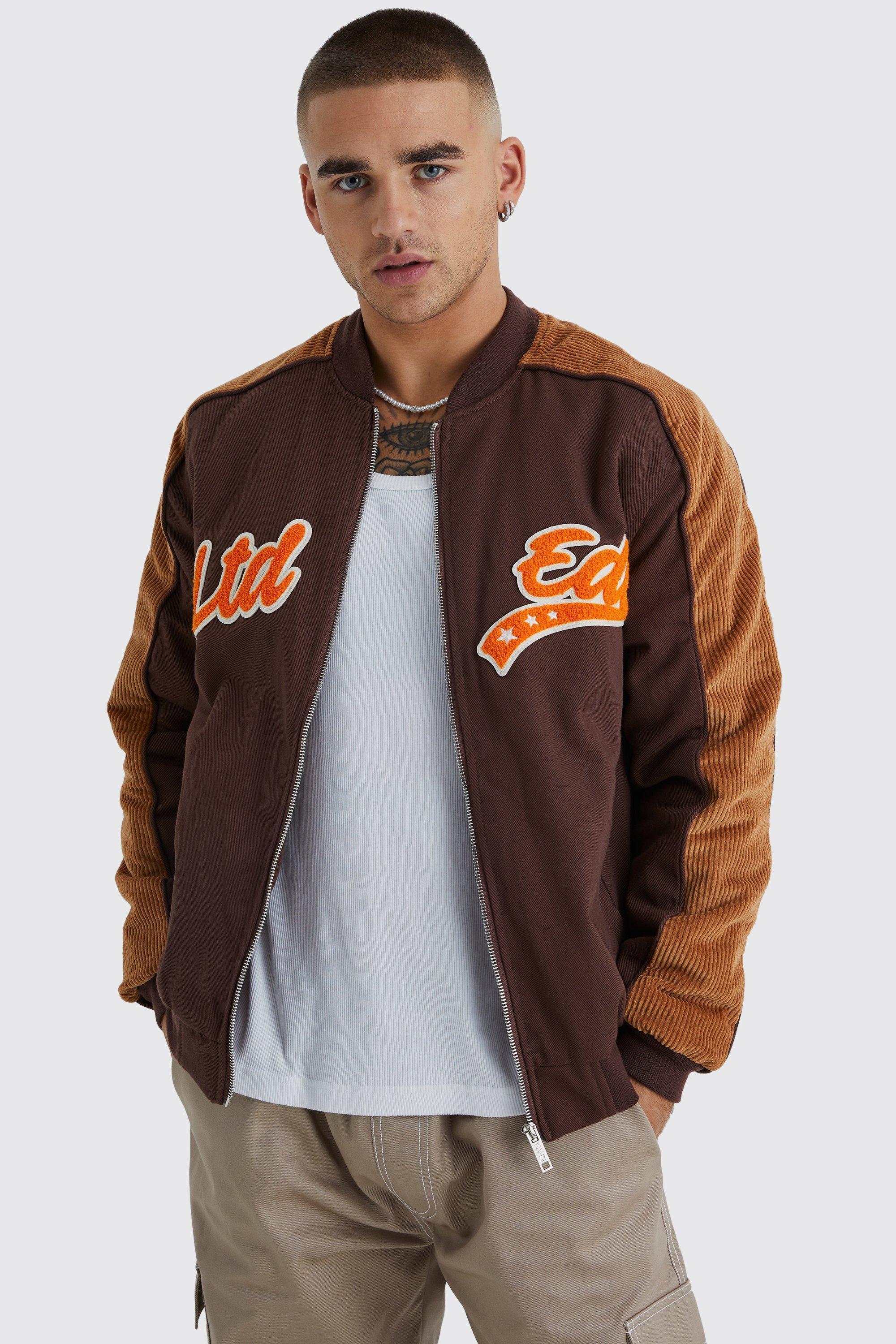 Cord & Twill Varsity Jacket With Badges | boohooMAN USA Product Image