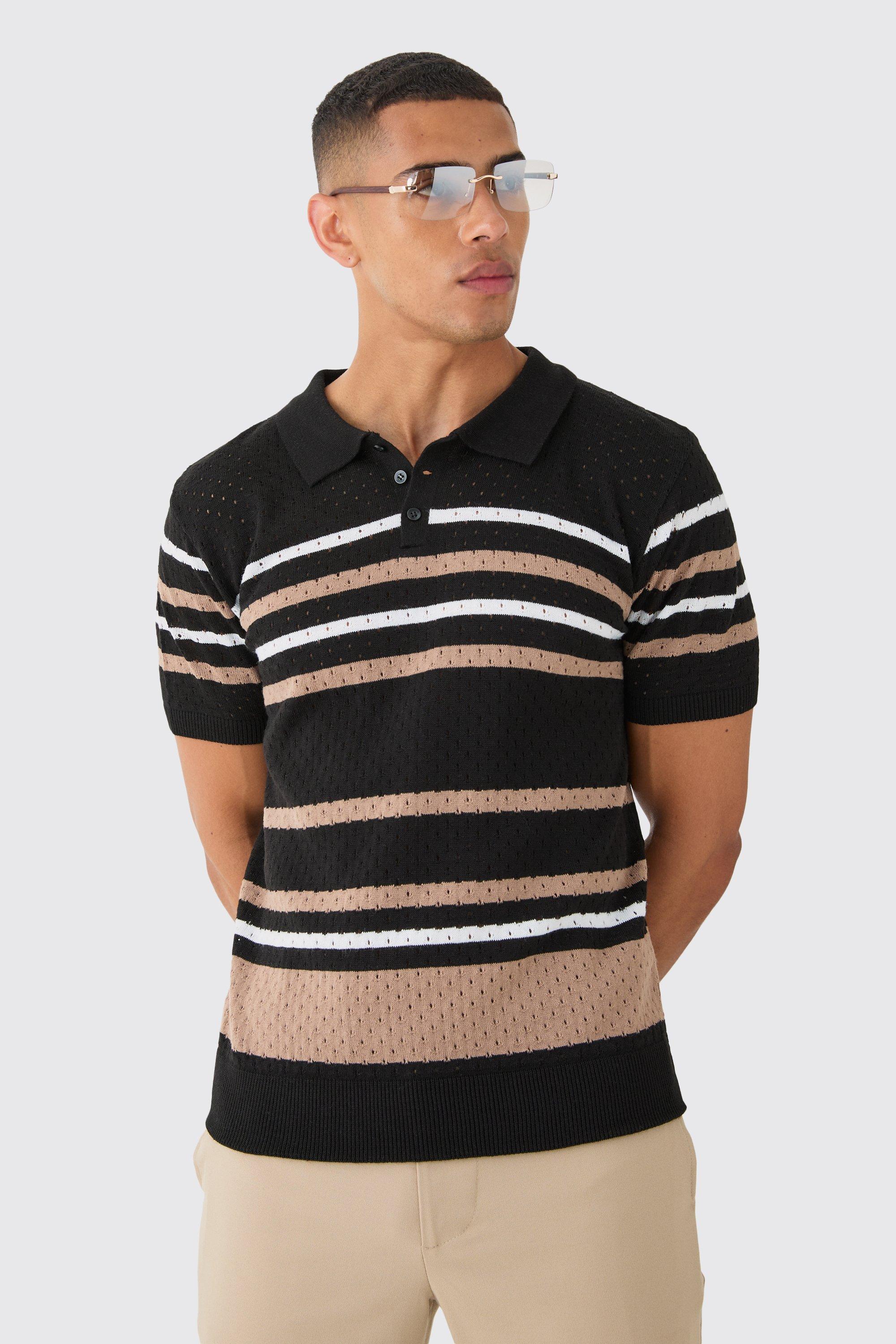 Regular Fit Stripe Open Stitch Polo | boohooMAN USA Product Image