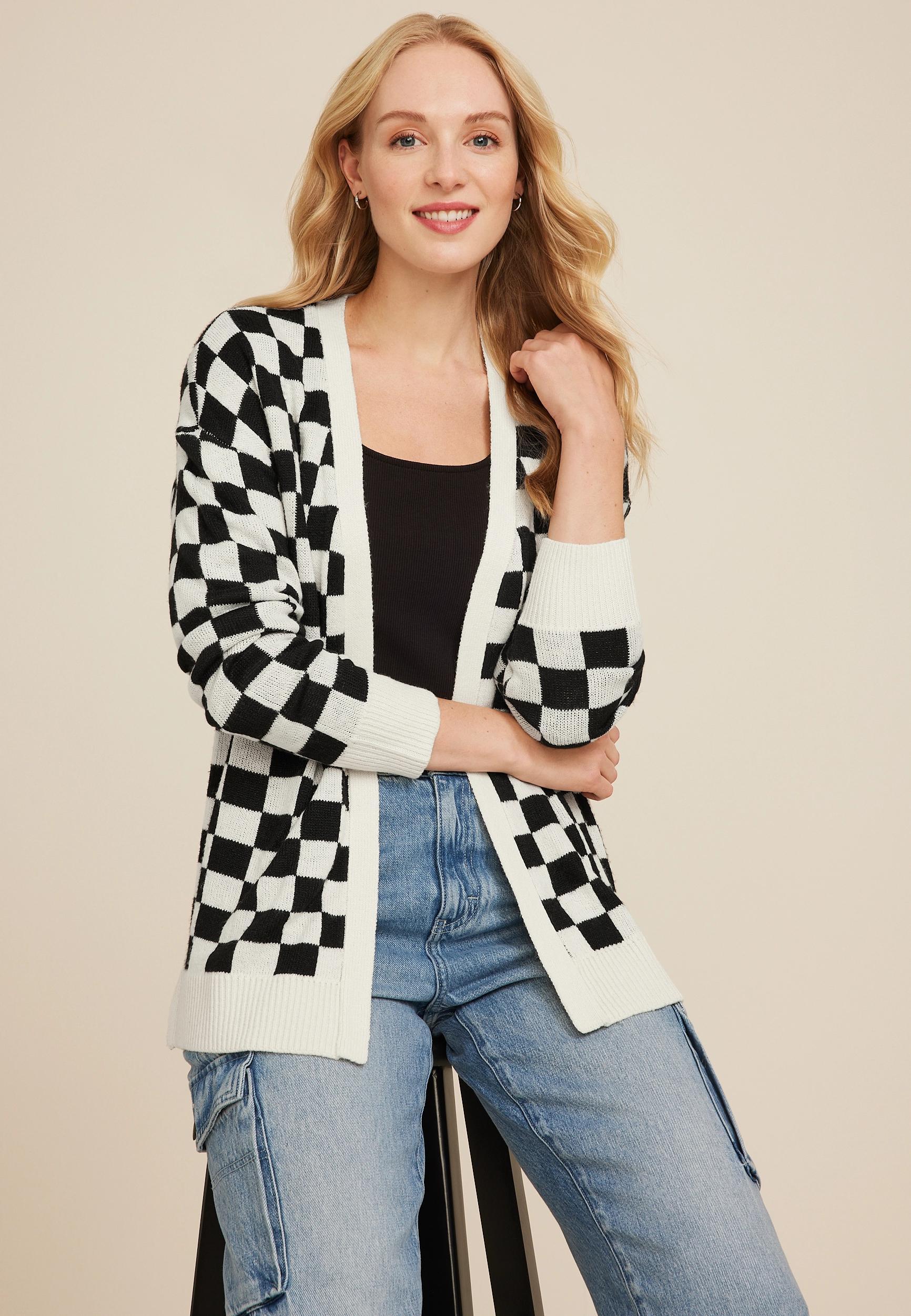 Maurices Womens Checkered Cardigan Beige Size Small Product Image