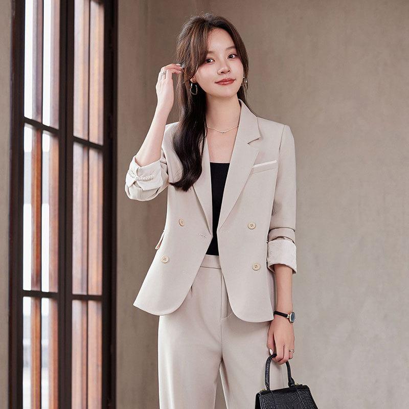 Lapel Collar Plain Single Button Blazer / Mid Waist Plain Wide Leg Slacks / Set Product Image