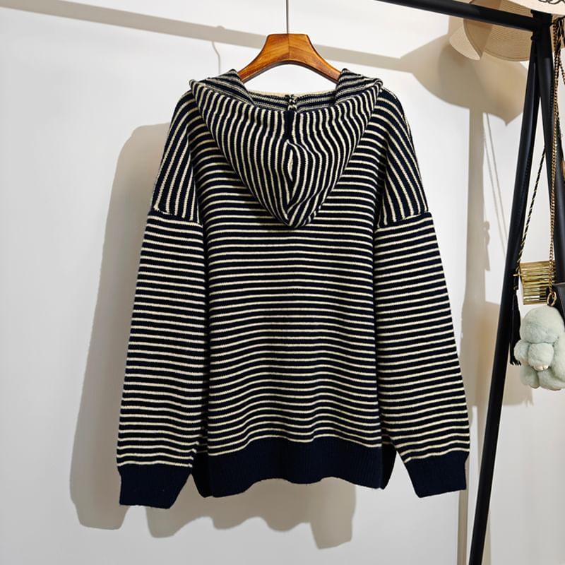 Drop Shoulder Hooded Striped Zip Up Cardigan Product Image