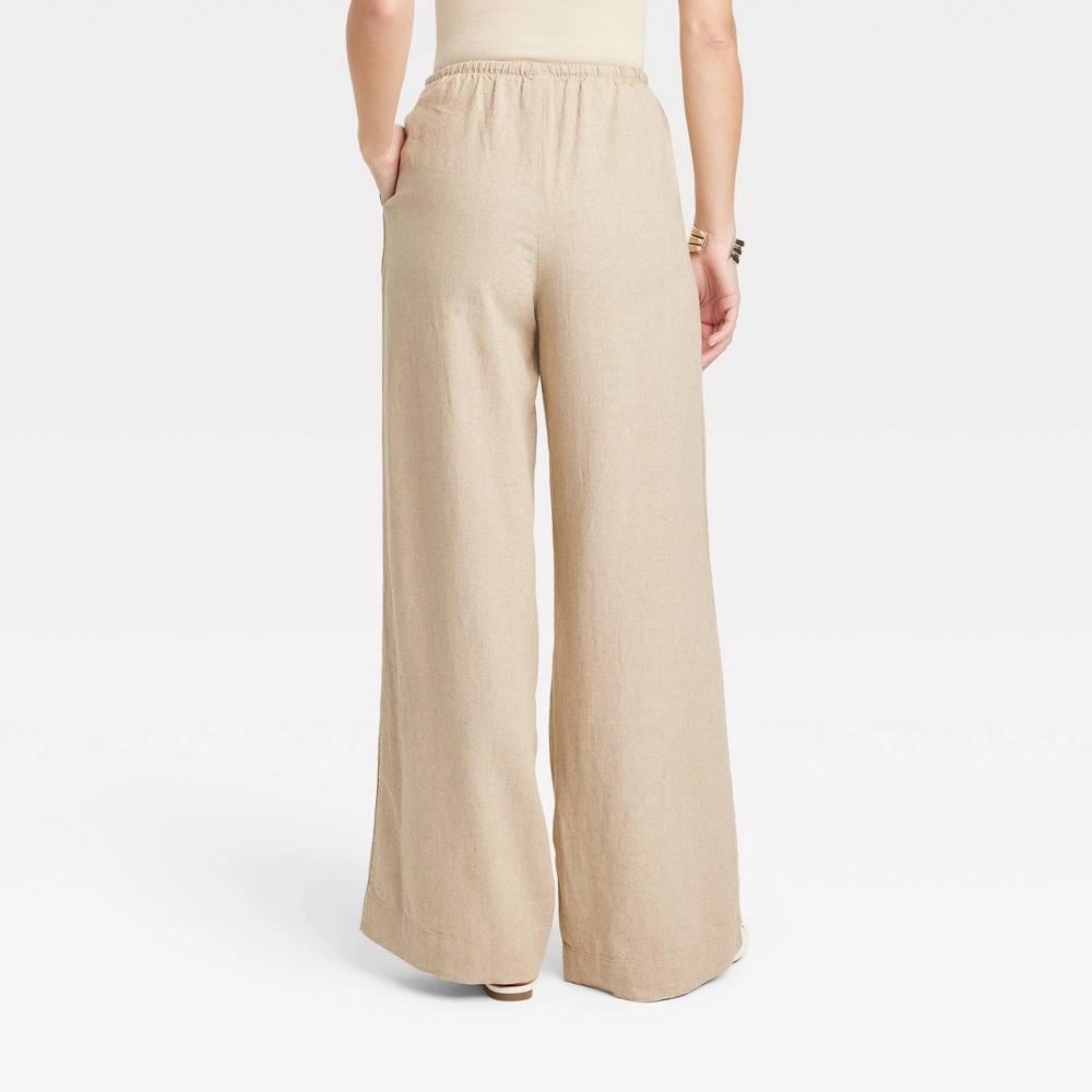 Womens High-Rise Wide Leg Linen Pull-On Pants - A New Day Tan M Product Image