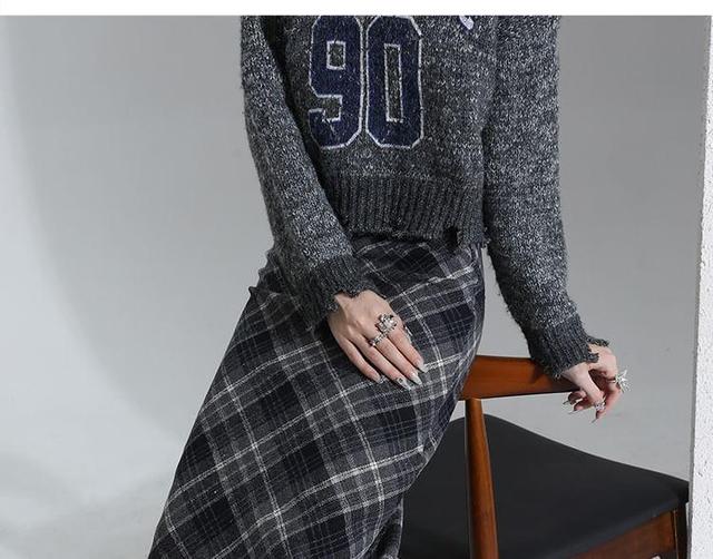 High Waist Plaid Slit Midi Pencil Skirt Product Image