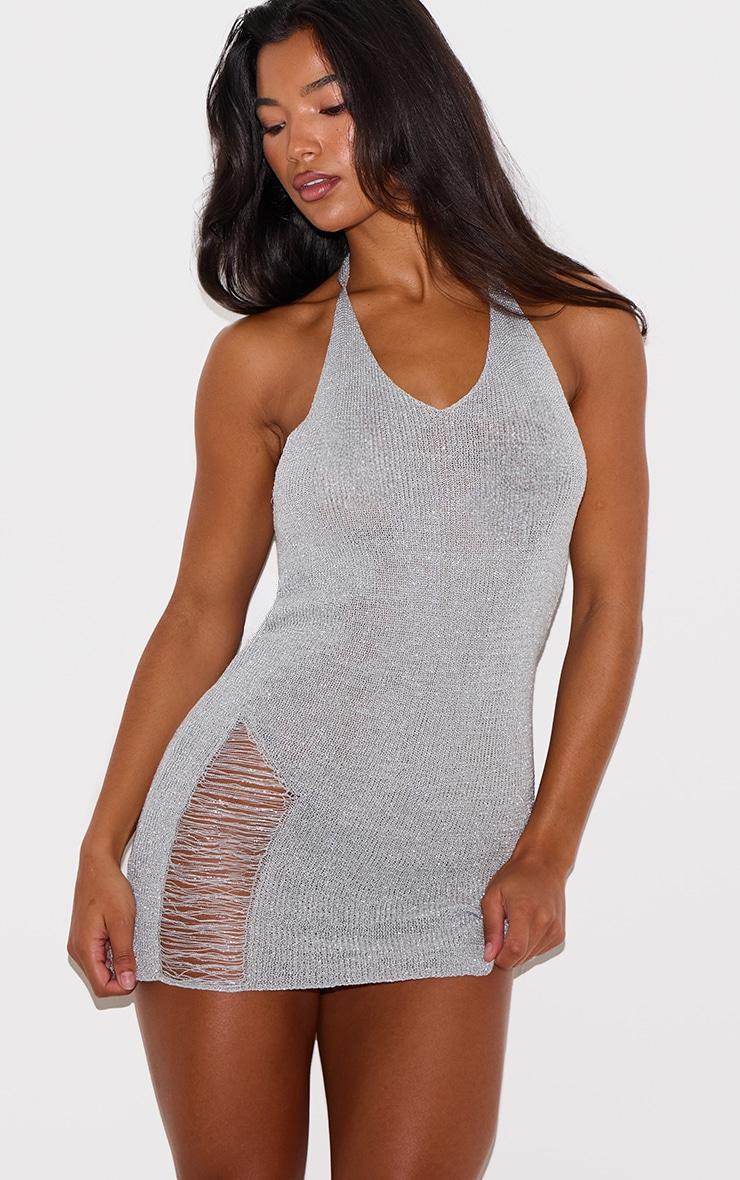  Silver Glitter Knit Distressed Ladder Halterneck Mini Dress Product Image