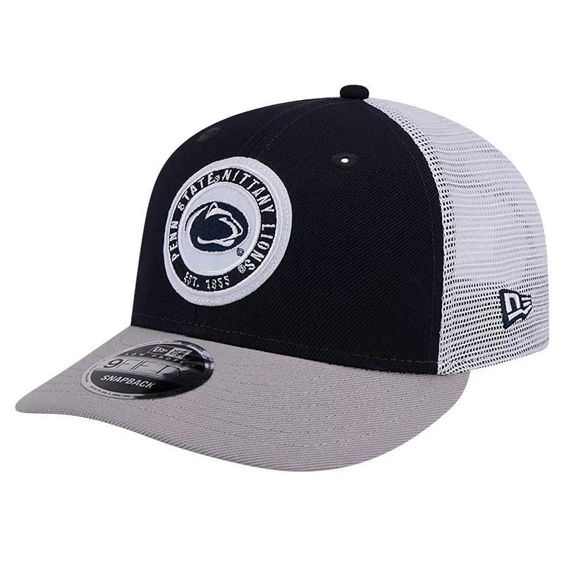 Mens New Era Penn State Nittany Lions Throwback Circle Patch 9FIFTY Trucker Snapback Hat, Blue Product Image