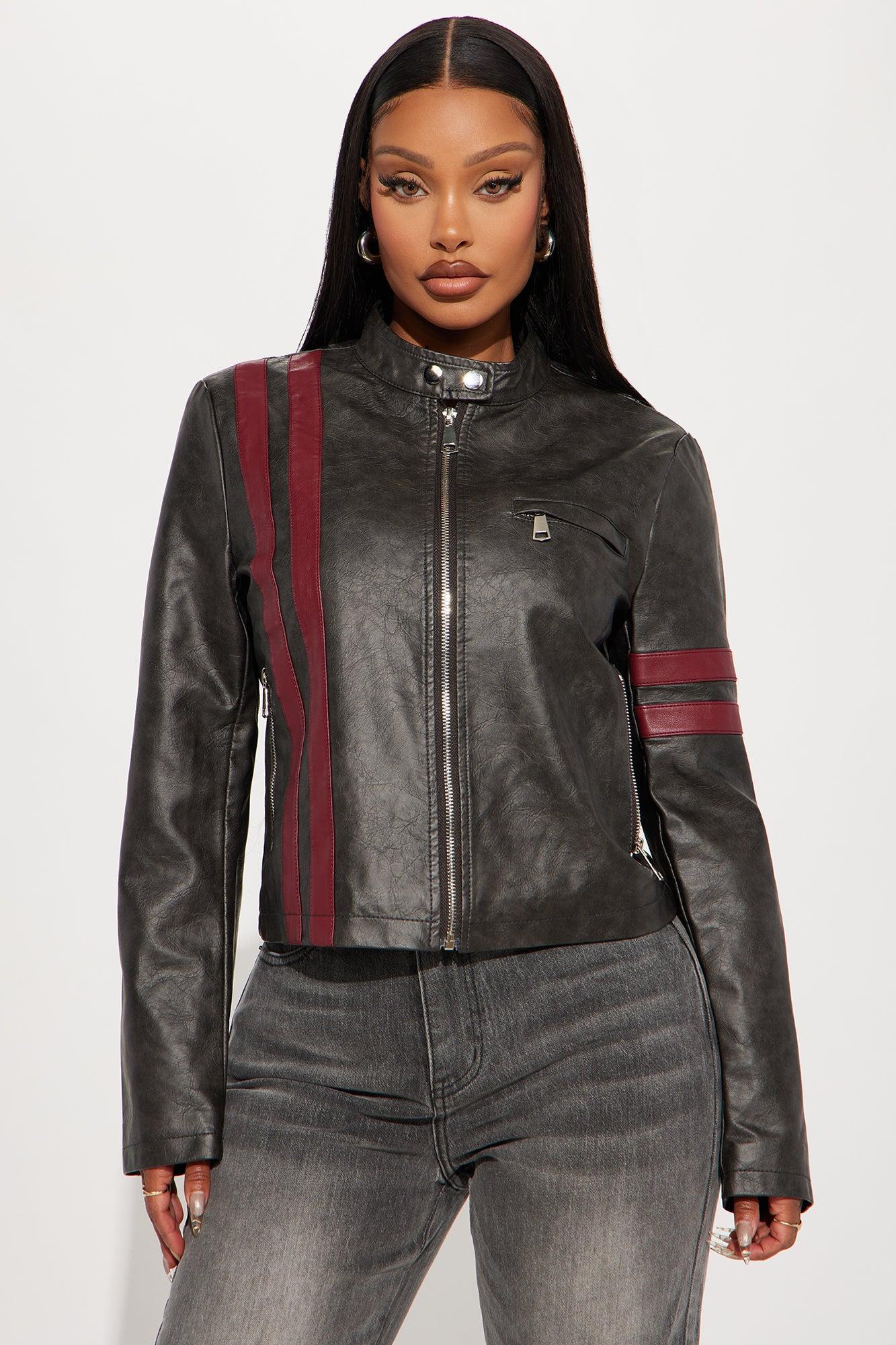 Leanna Washed Faux Leather Jacket - Black/Red Product Image