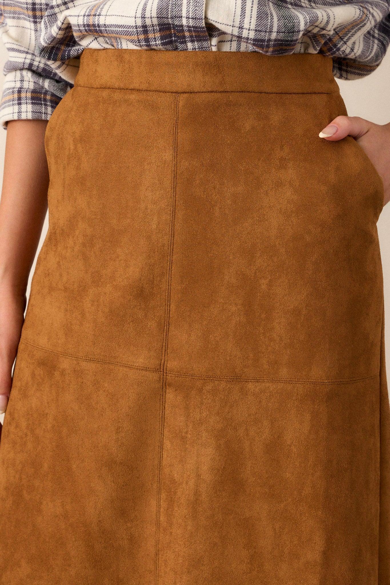 I'm Telling You Caramel Brown Faux Suede Midi Skirt Product Image