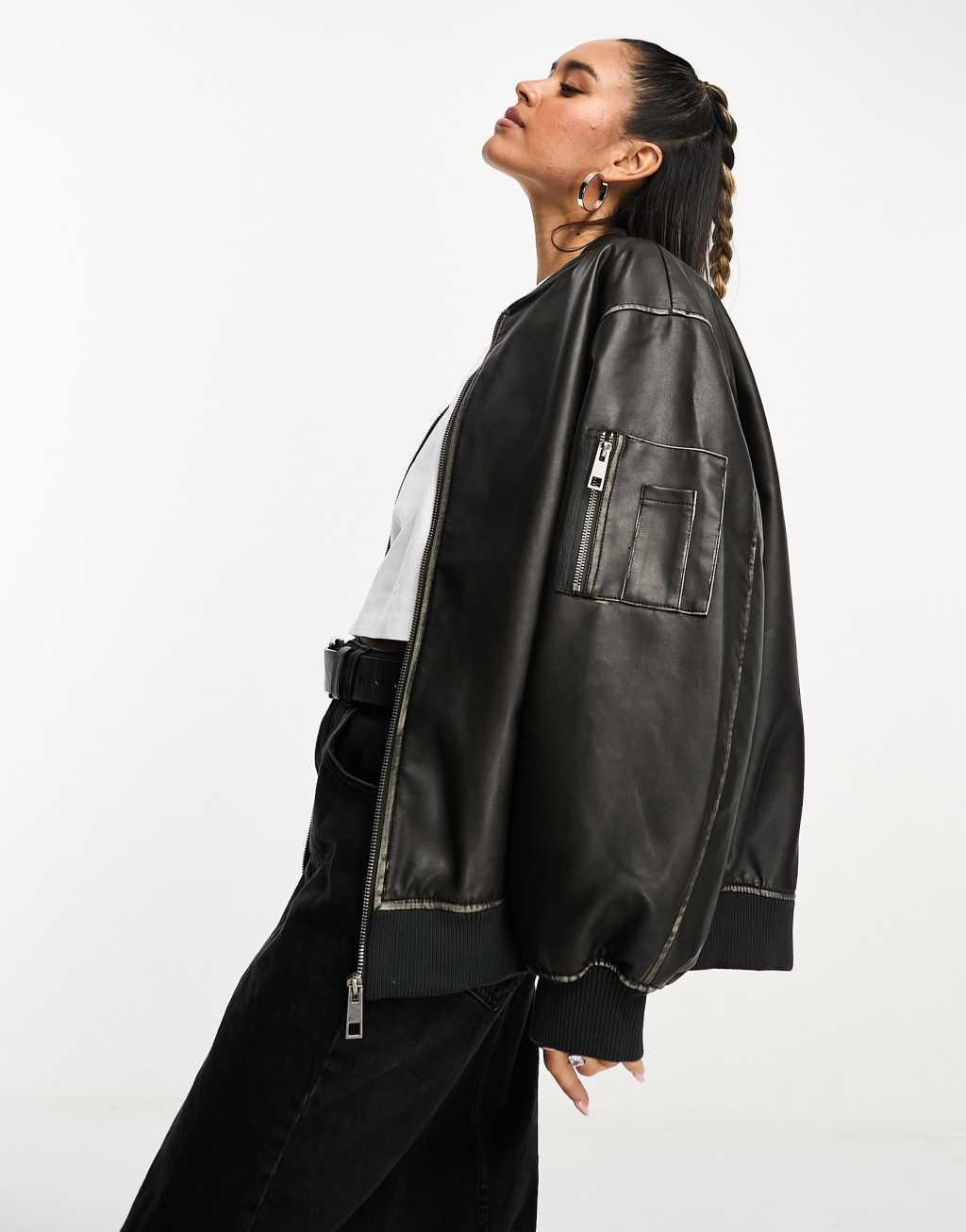 ASOS DESIGN washed faux leather bomber jacket in black Product Image