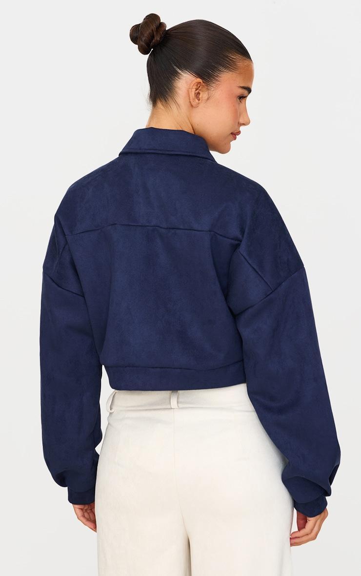 Navy Faux Suede Cropped Trucker Jacket Product Image