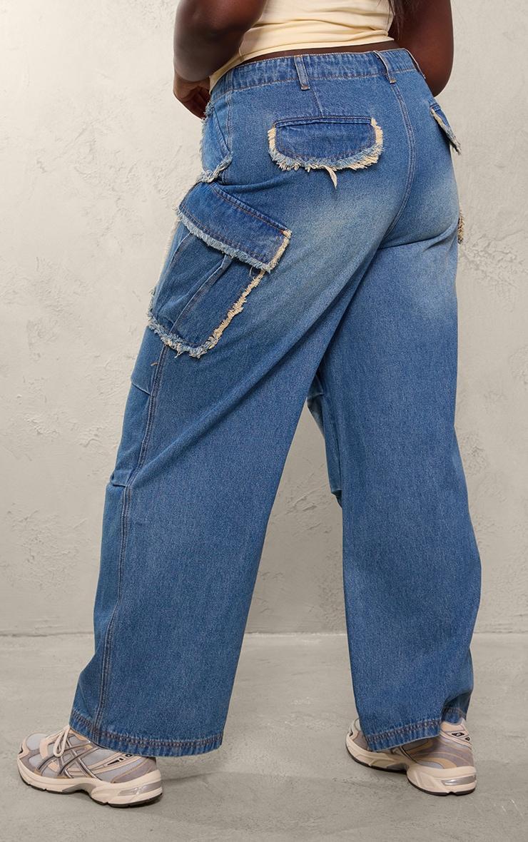 Plus Indigo Blue Wash Frayed Pocket Detail Wide Cargo Leg Jeans Product Image