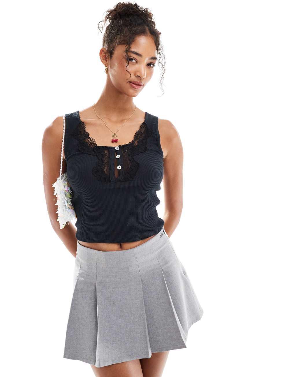 Miss Selfridge sleeveless top with lace and button detail in black Product Image