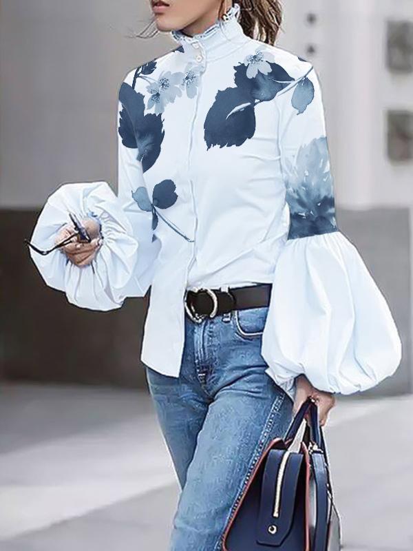 Long Sleeves Loose Buttoned Leaves Print High-Neck Blouses&Shirts Tops Product Image