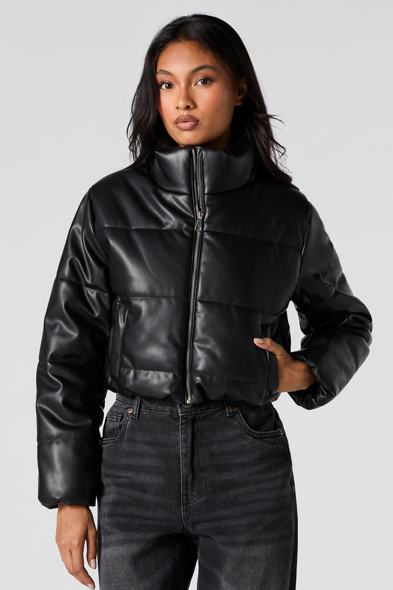 Faux Leather Cropped Puffer Jacket Female Product Image