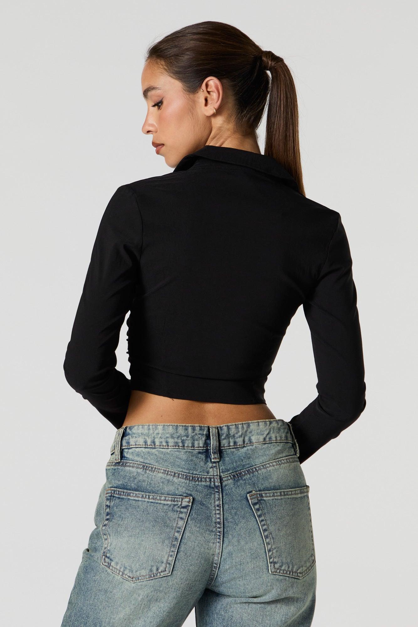 Zip-Up Collared Long Sleeve Crop Top Female Product Image