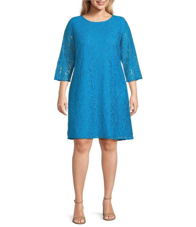 Caroline Plus Size Floral Lace Round Neck 3/4 Sleeve Bodice Lined Shift Dress Product Image