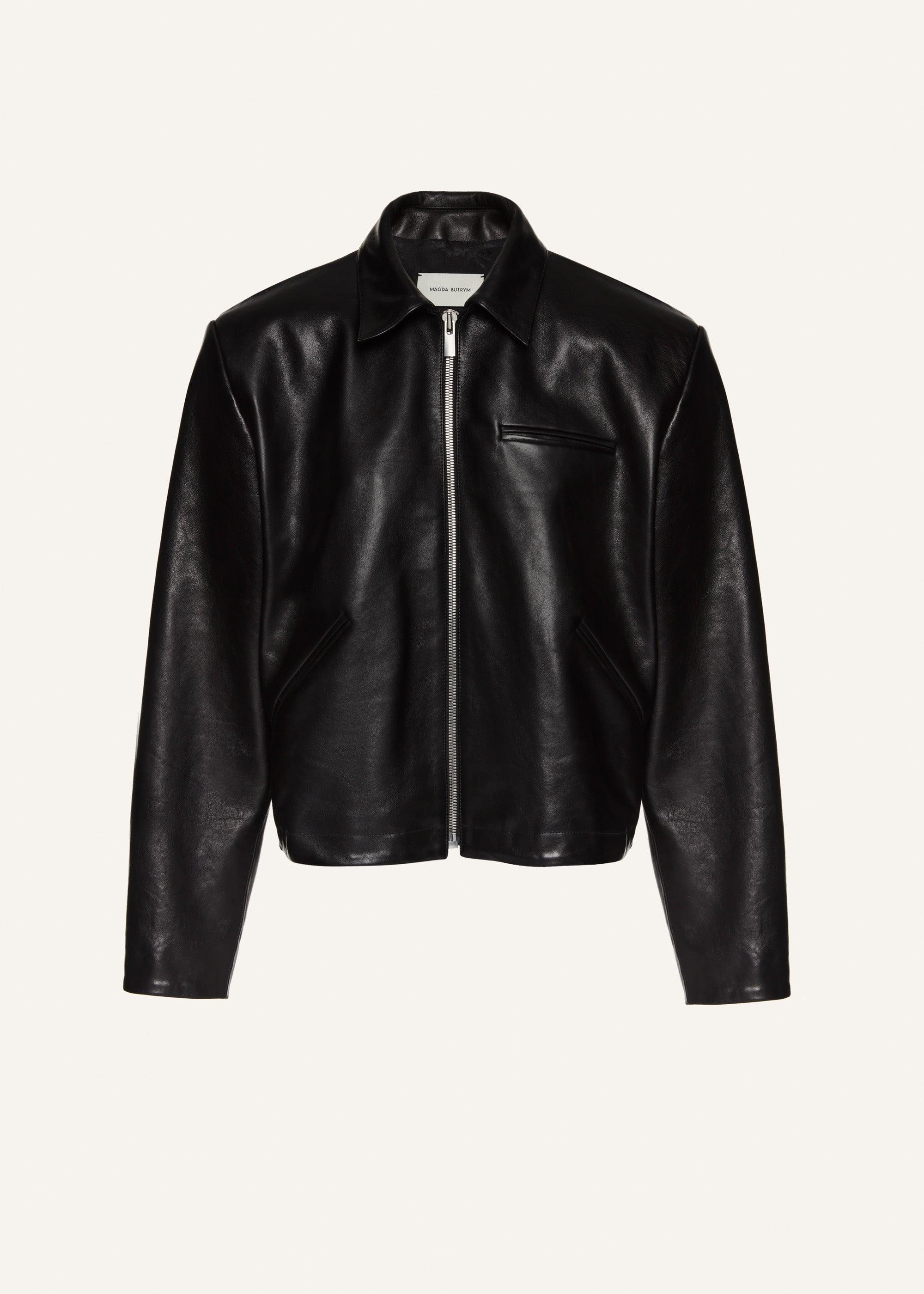 Boxy leather zip jacket in black Product Image