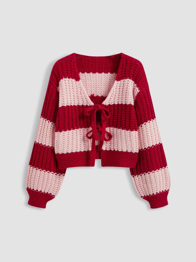 Knit V-neck Striped Tie Front Cardigan Product Image