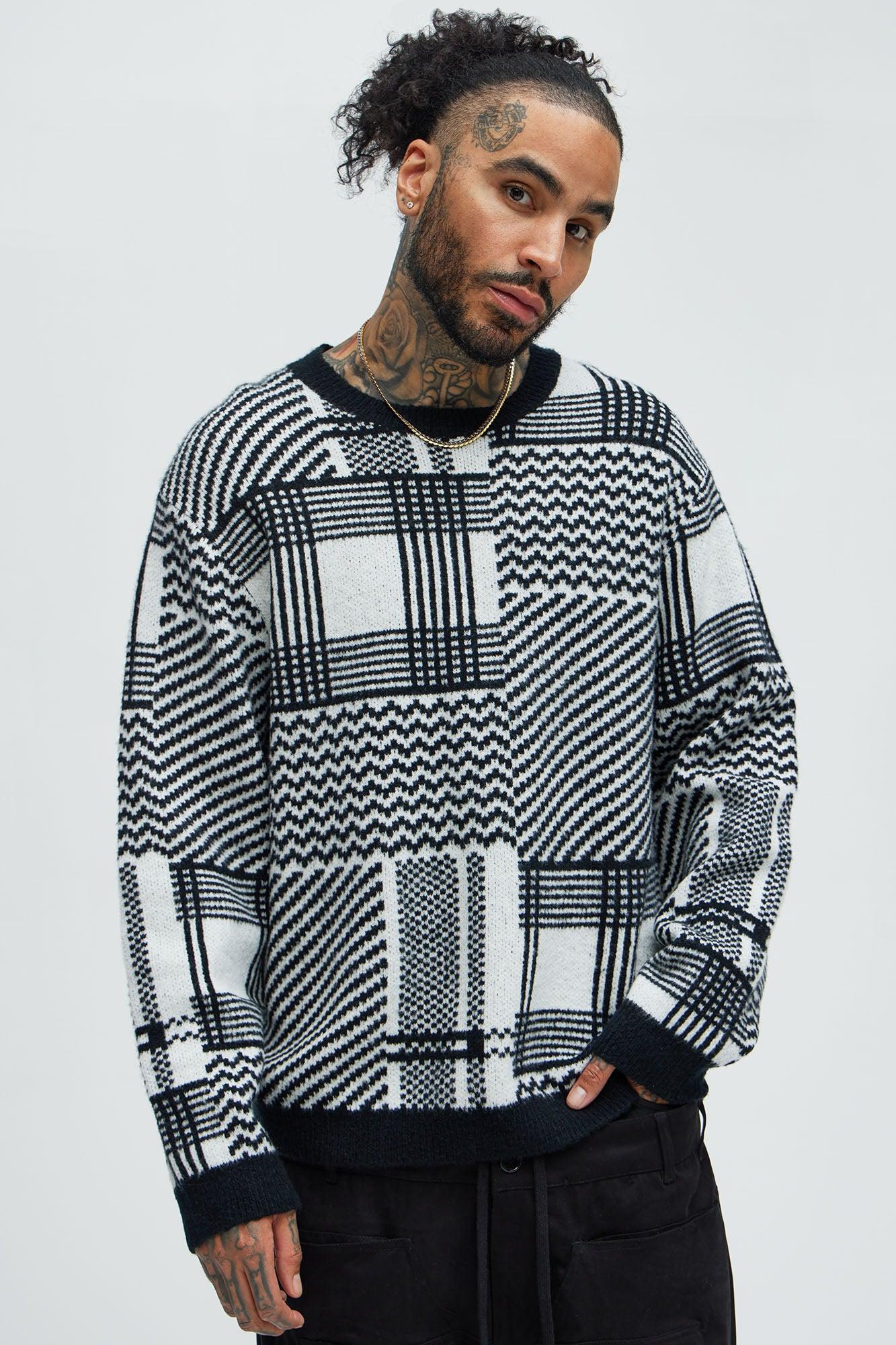 Mixed Lines Cozy Crewneck Sweater - Black/White Product Image