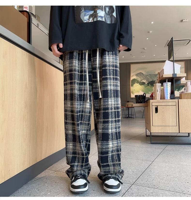 Mid Rise Plaid Wide Leg Pants Product Image