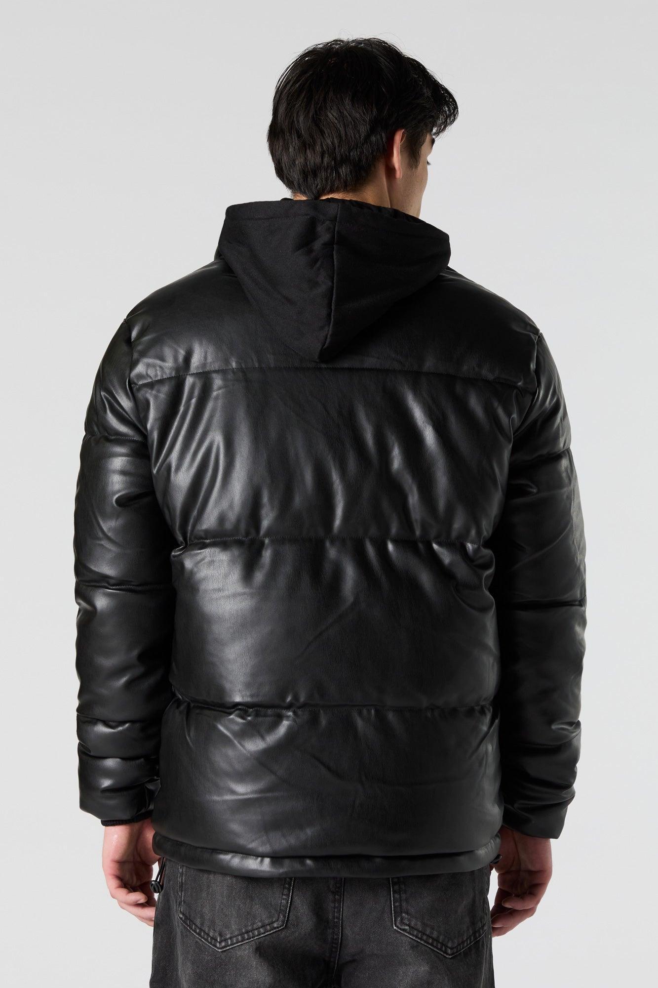 Faux Leather Hooded Puffer Jacket Male Product Image