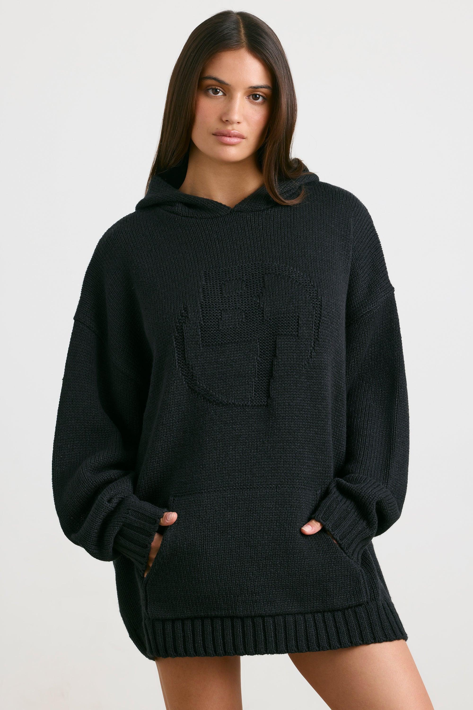 Oversized Chunky Knit Hoodie in Black Product Image